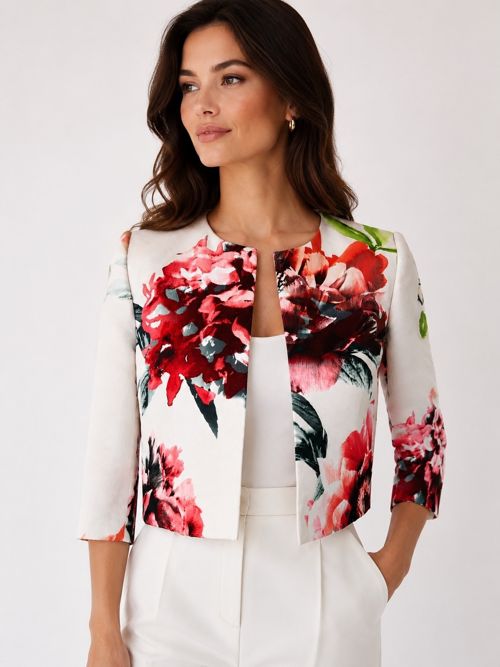 Seventy Sergio Tegon Floral Print Cropped Open-Front Blazer NWT Small Colored